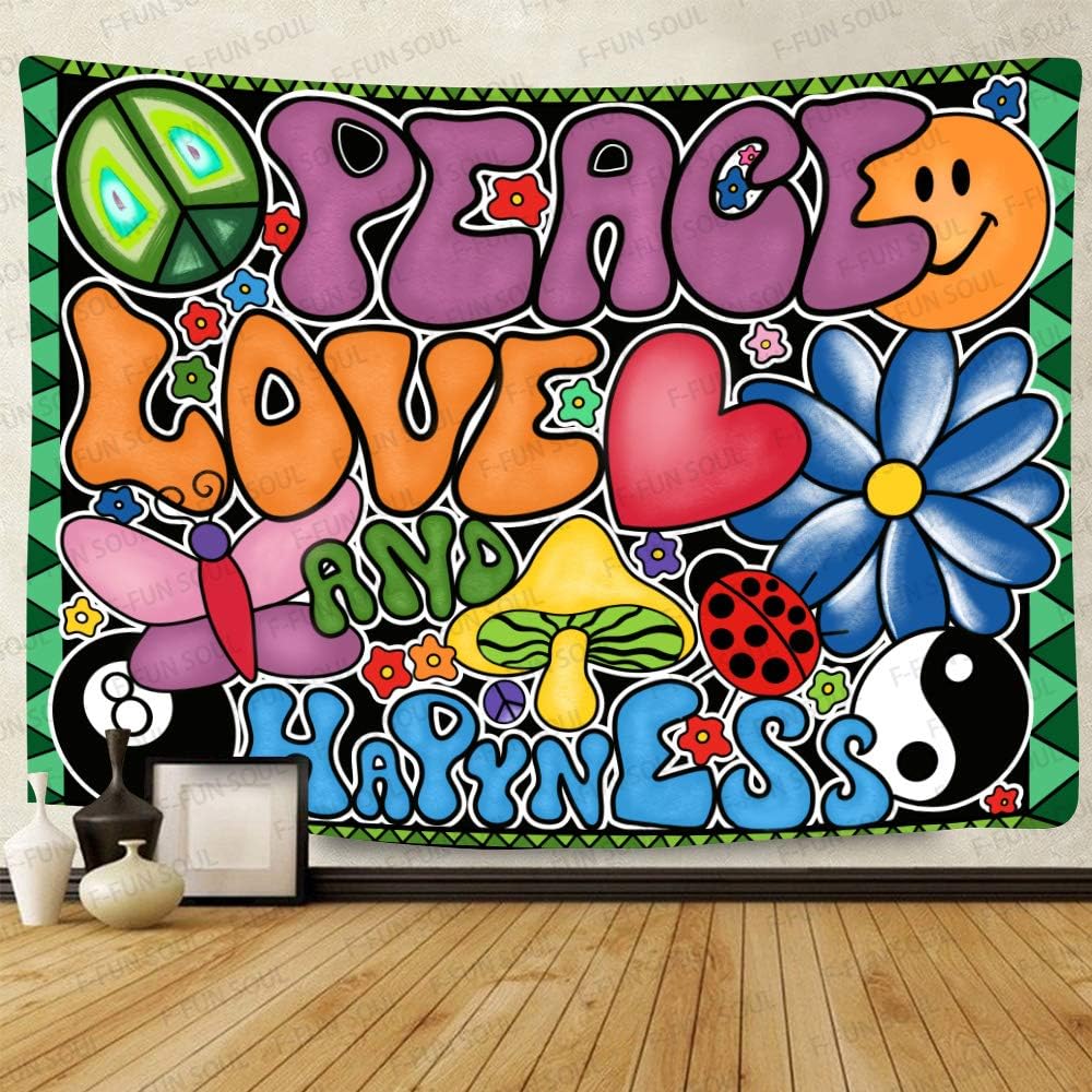F-FUN SOUL Peace Love and Happiness Tapestry Groovy Tapestries, 40x30inches, 70s Theme Tapestries Hippie Aesthetic Tapestry Wall Hanging for Bedroom