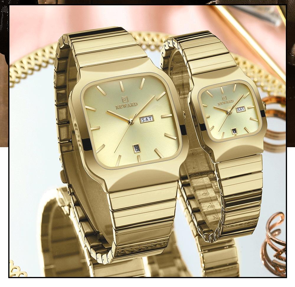 REWARD RD611264M 611264 Beliebte Damen- und Herren-Armbanduhr Liebhaber Quadratisch Komplettkalender Stahlarmband Quarzuhren für Paar