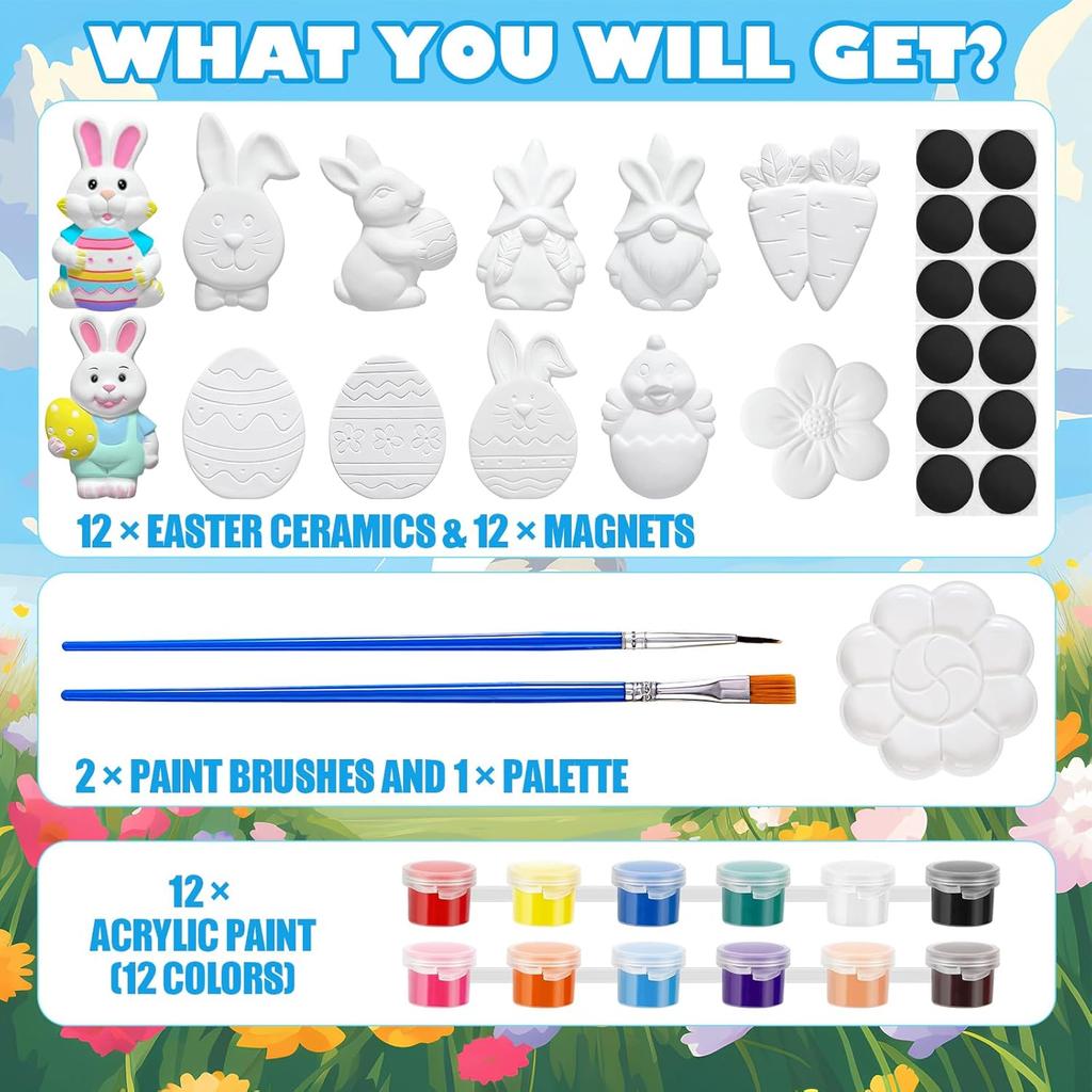 Sinmoe 12 Sets Easter Painting Kit for Kids Unpainted DIY Ceramic Figurines Paint Your Own Figurines Easter Egg Bunny Gnomes Carrot Flower