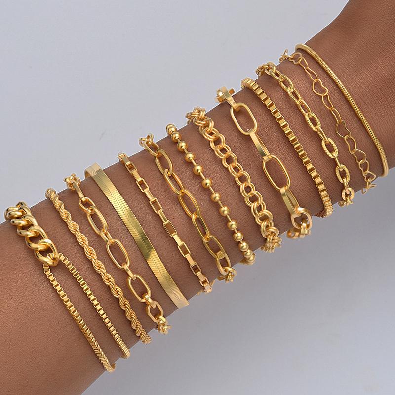 9pcs Simple Punk Chunky Chain Bracelet Set for Women Fashion Metal Snake Twisted Designs Multi Layered Bracelets Daily Jewelry