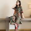 2Pcs/Set O-Neck Half Sleeve Casual Outfit High Low Hem Elastic Waistband Pockets Women Retro Pattern Long Top Wide Leg Pants Set Streetwear