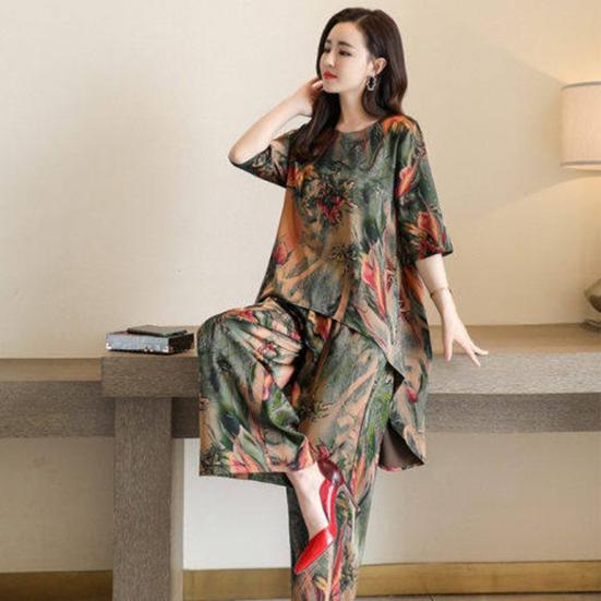 2Pcs/Set O-Neck Half Sleeve Casual Outfit High Low Hem Elastic Waistband Pockets Women Retro Pattern Long Top Wide Leg Pants Set Streetwear