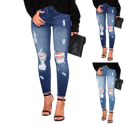 Calça jeans skinny rasgada da moda feminina, calça jeans elástica e desgastada
