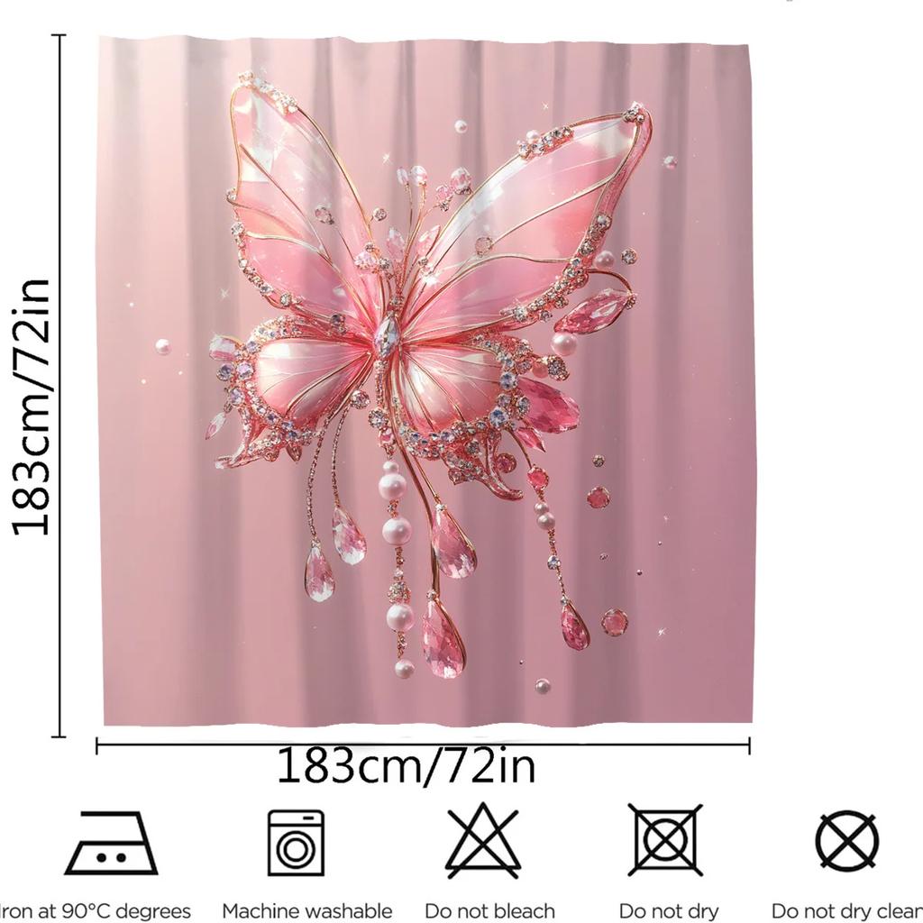 1pc Shiny Pink Butterfly Print Waterproof Shower Curtain, Stain Resistant, Machine Washable Polyester Bathroom Decor with Hooks