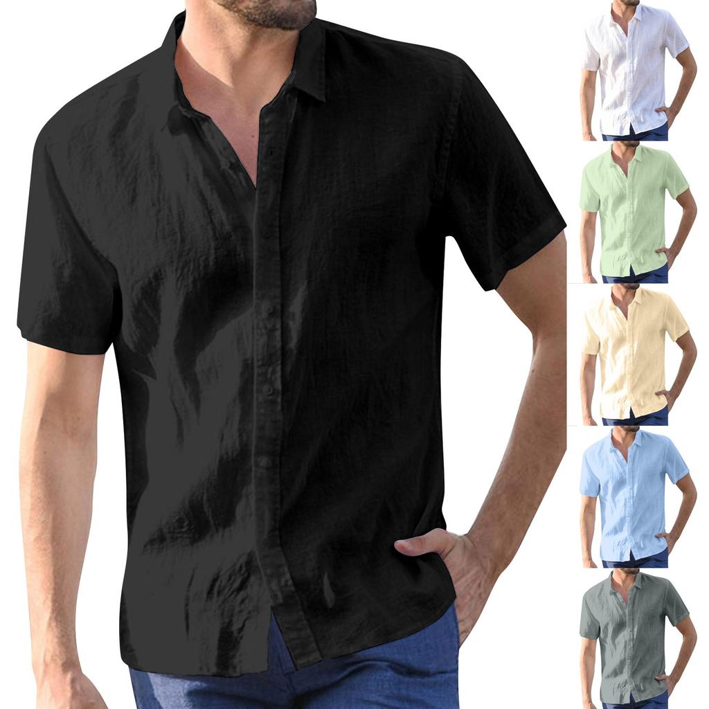 Summer Men's Lapel Button Short Sleeved Cotton Linen Shirt Casual Top