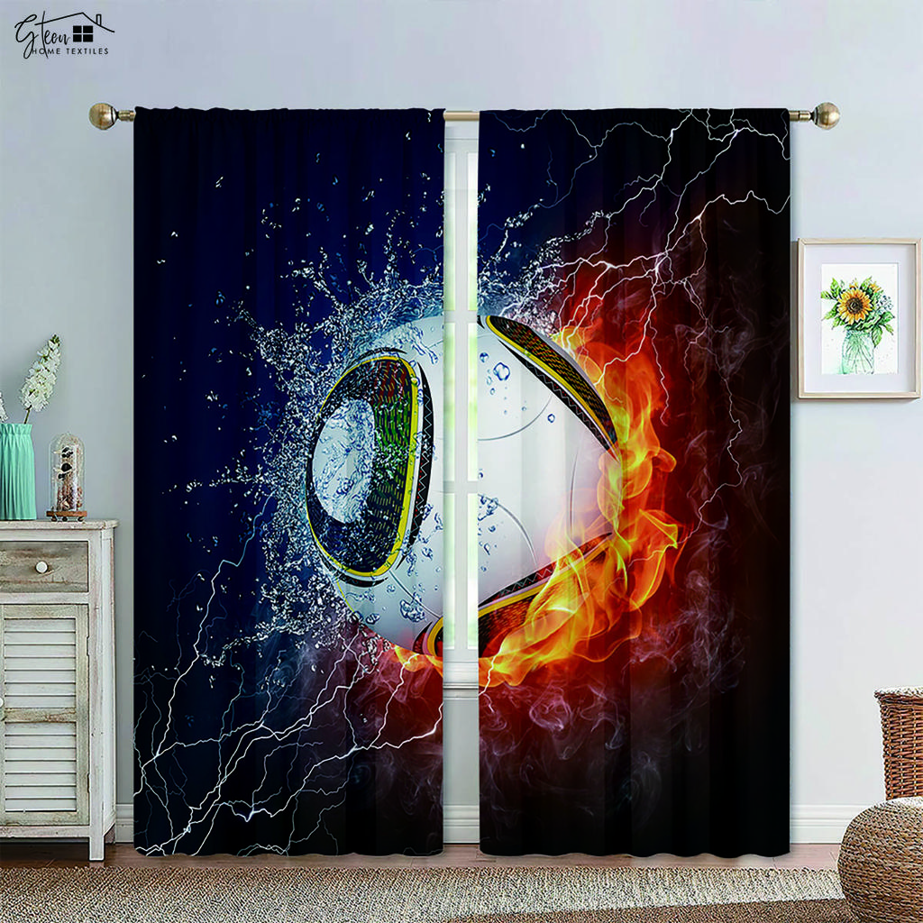 Basketball Football In Water and Fire Black Print Curtain Rod Pocket Machine Washable Bedroom Living Room Decorative Curtains