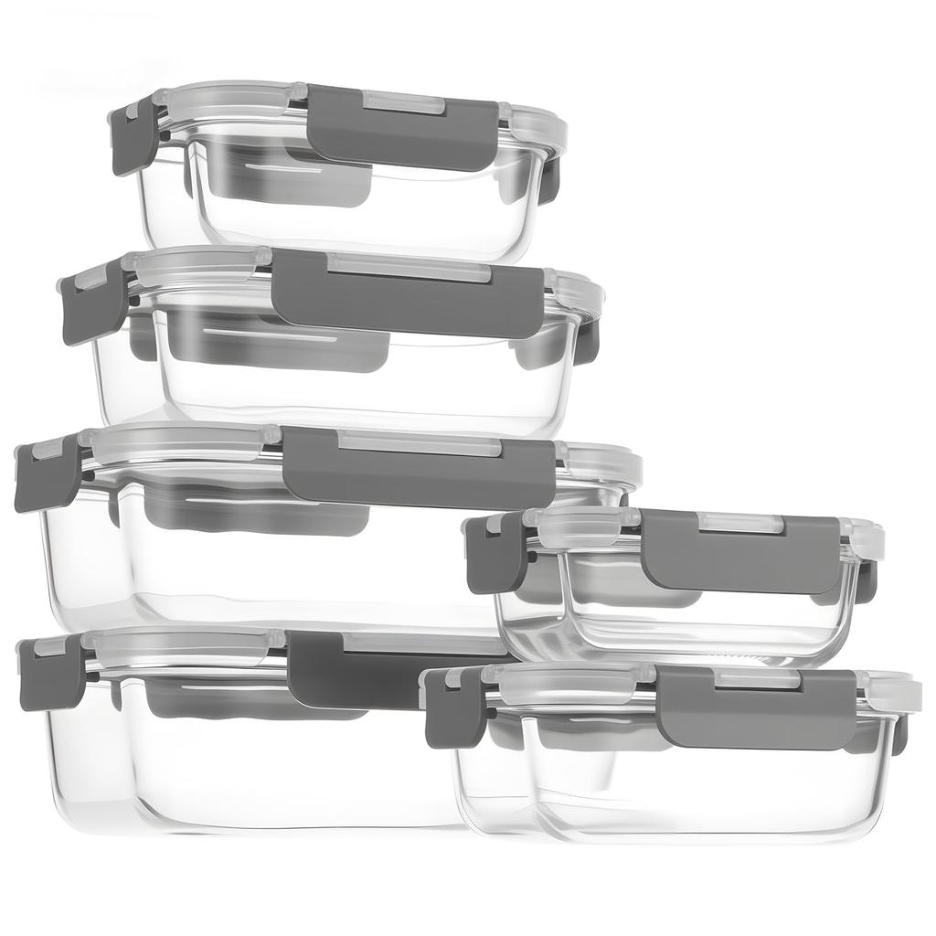 S SALIENT Skleněná sada nádob na skladování a do mikrovlnné trouby, Šedá, Tepelně odolné nádoby, Vzduchotěsné, Tupperware, Na přípravu předem, Obdélníkové, Trouba, Myčka nádobí, Bezpečné, 6,