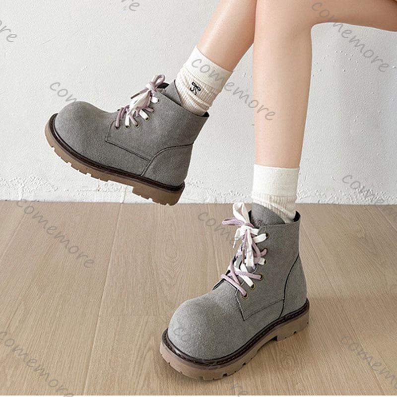 Fashion Comemore Retro Flache Stiefel für Damen Wildleder Schnürung Mode 2025 Herbstschuhe Goth Uni Chelsea Runde Zehe Damen Stiefeletten