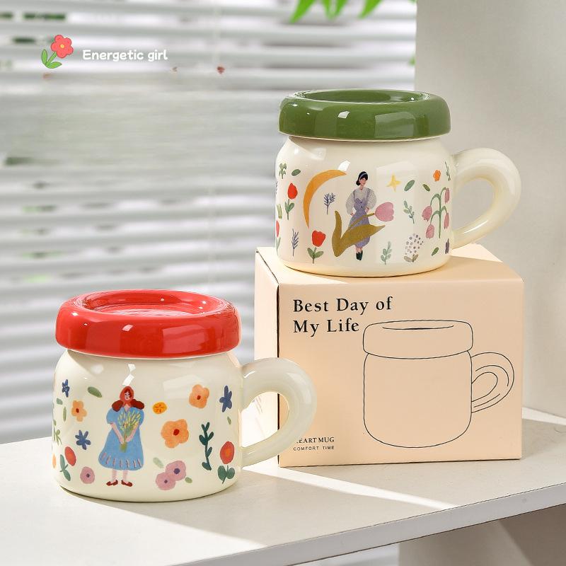 French Ceramic Cup with Lid Flower Bestie Cup with Handle Cute Big Belly Cup Drinking Water Cup Women's Mug