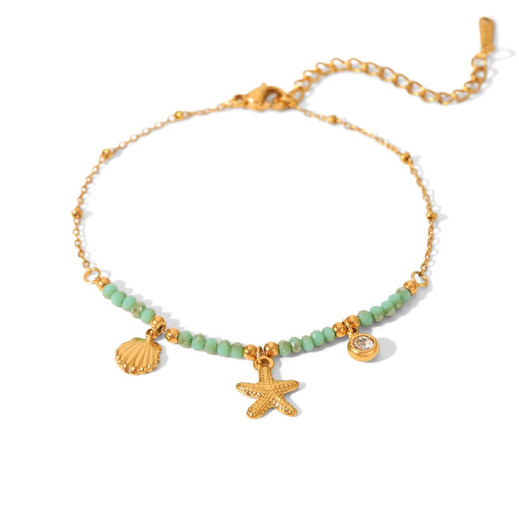 Shell and Starfish Beaded Natural Stone Bracelet, Ocean Resort Style Jewelry, Titanium Steel Bracelet