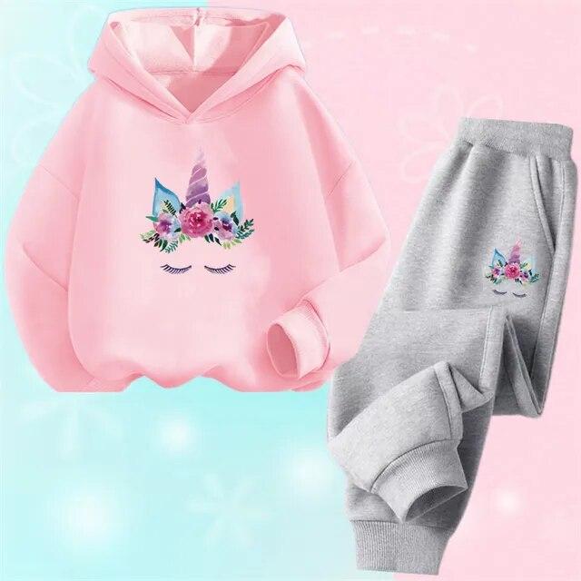 Spring Fall Girls Unicorn Sport Clothing Set Kids Outfits Hoody Sweatershirt Pants Children Fashion Thin Tracksuit