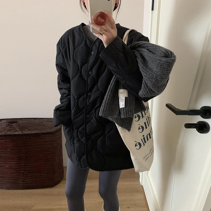 New Round Neck Seam Women's Thin Cotton-padded Jacket Autumn and Winter Short Clip Velvet Diamond Collarless Cotton-padded Jacket