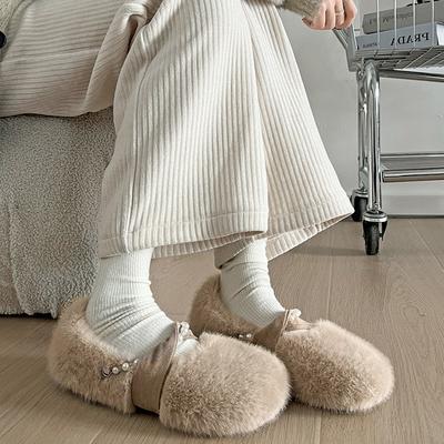 Fashion White Temperament High-end Flat-soled Fluffy Shoes for Women's 2025 New Autumn and Winter Xiaoxiang Soft-soled Mary Jane Cotton Shoes
