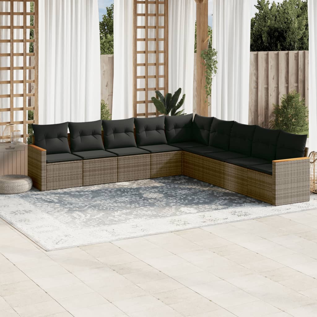 Vidaxl 9-Cz. Garden Furniture Set With Cushions, Grey, Poly Rattan
