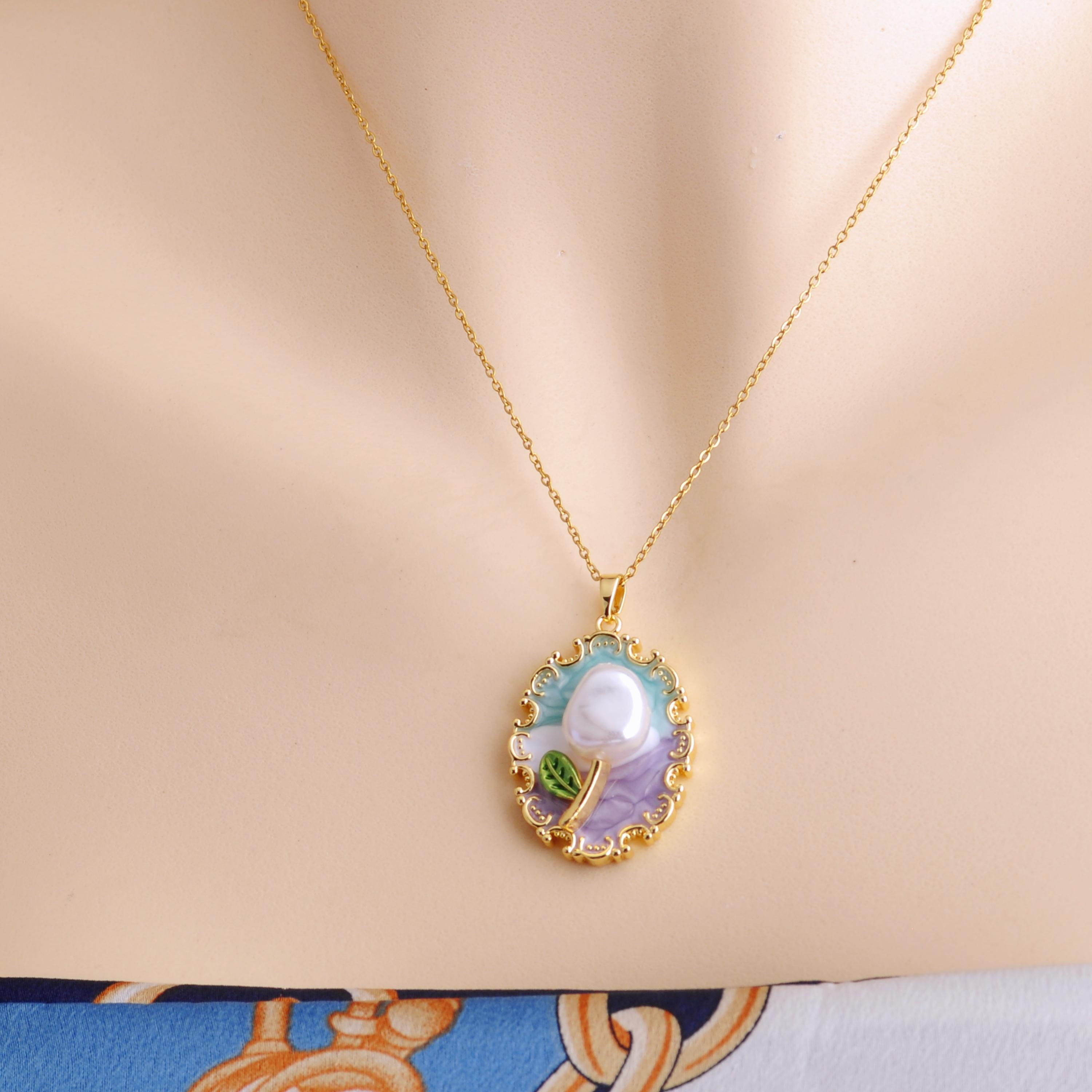 

1 Piece Enamel Painted Floral Pearl Necklace, Vintage Artsy Style, Suitable for Daily Wear / Artistic Outfits / Holiday Gifts 45cm