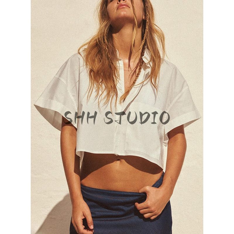 Spring and Summer New Women's Clothing Minimalist Pleated Decorative Poplin Cotton Short Sleeve Lapel Short Shirt 4764014