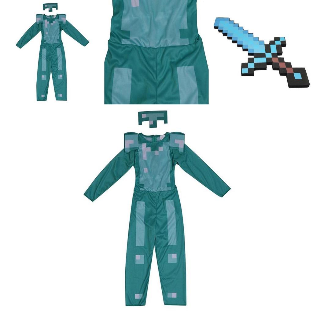 Minecraft Steve Rüstung Kinder Cosplay Kostüm Jumpsuit für Jungen und Mädchen Perfekt für Halloween und Verkleidungsveranstaltungen