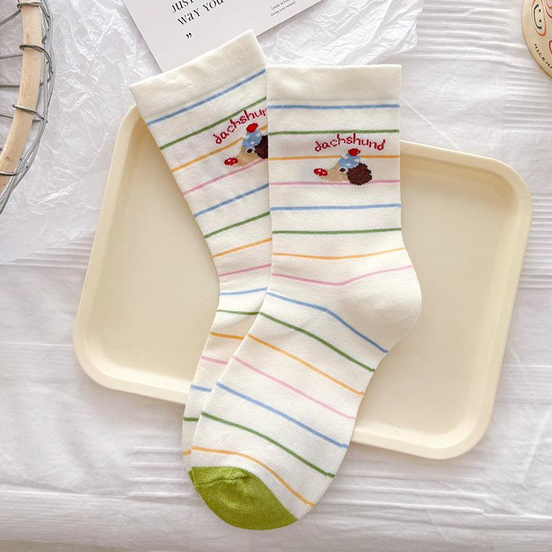 Female Spring and Autumn Cartoon Dog Cute Illustration White Loose Mouth Tube Cotton Socks
