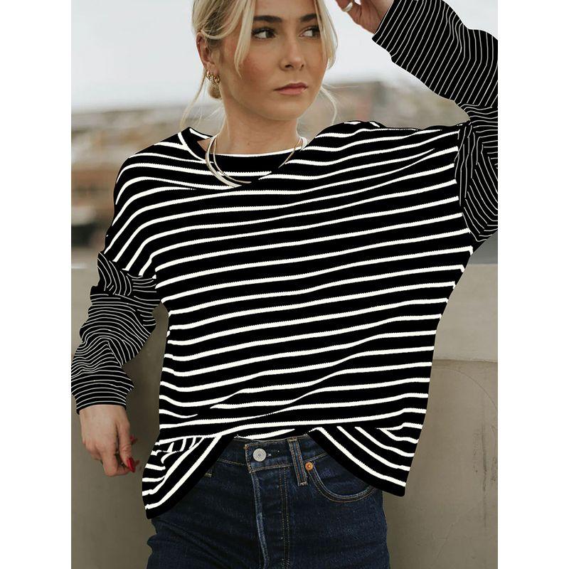 Fall New Simple and Versatile Stripes Long Sleeves T-shirt Female 2025 European and American Leisure Loose Shoulder Round Neck Sweatshirt Female