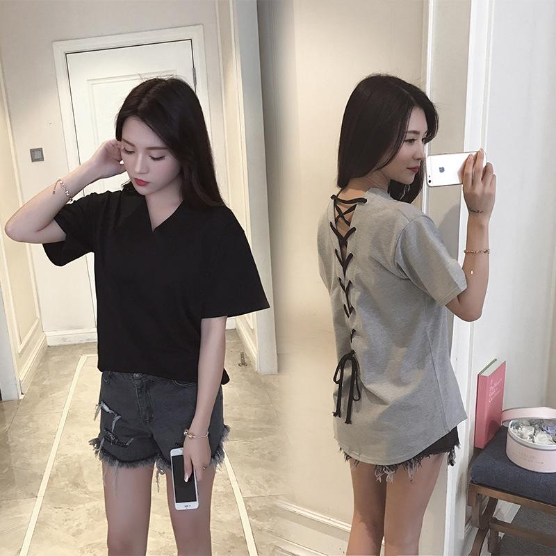 

Summer new casual versatile women s t-shirt medium and long V-neck short-sleeved backless loose T-shirt women s tide S чёрный
