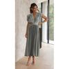 Women's V Neck Sleeveless Midi Dress Loose Mid Waist Pleated Satin Wedding Guest Sundress
