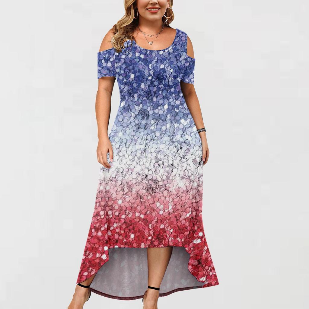 Damenkleid in großer Größe mit kurzen Ärmeln, modischem Druck, Rundhalsausschnitt, trägerlos und unregelmäßigem Saum