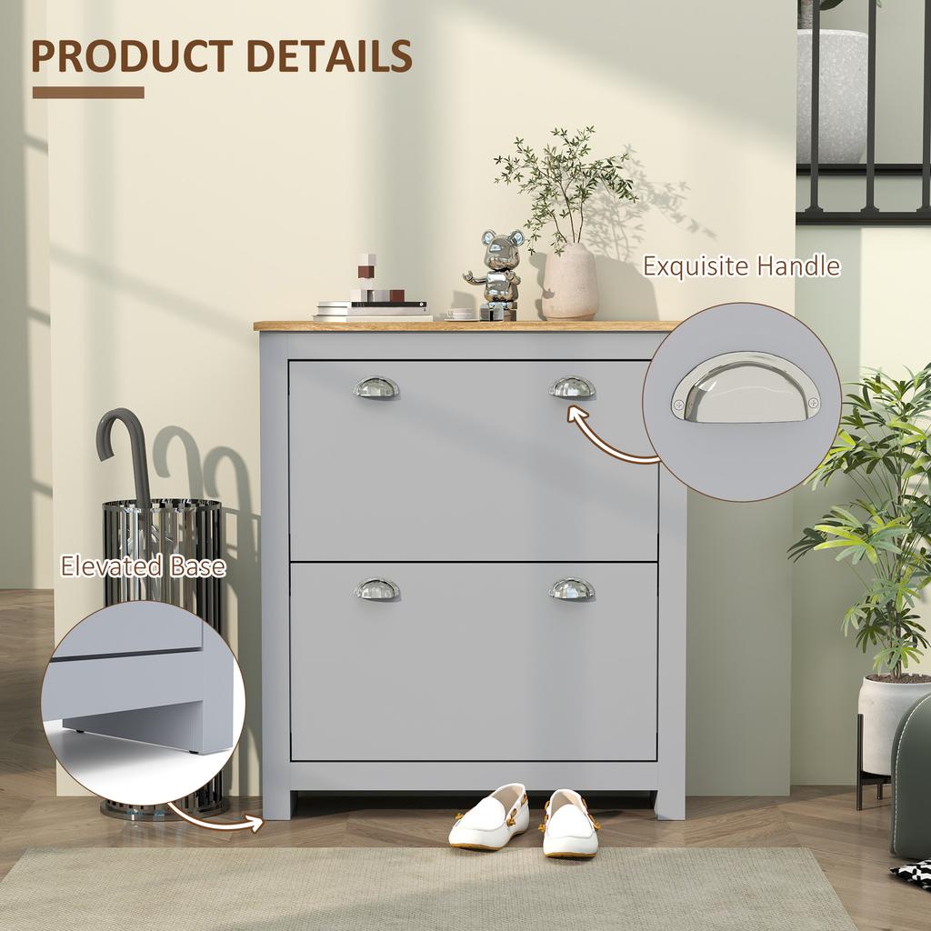 2 Drawer Shoe Cabinet Modern Narrow Shoe Cupboard Hallway Wooden Storage Organiser with Flip Doors Adjustable Shelf for 6-12 Pairs, Grey