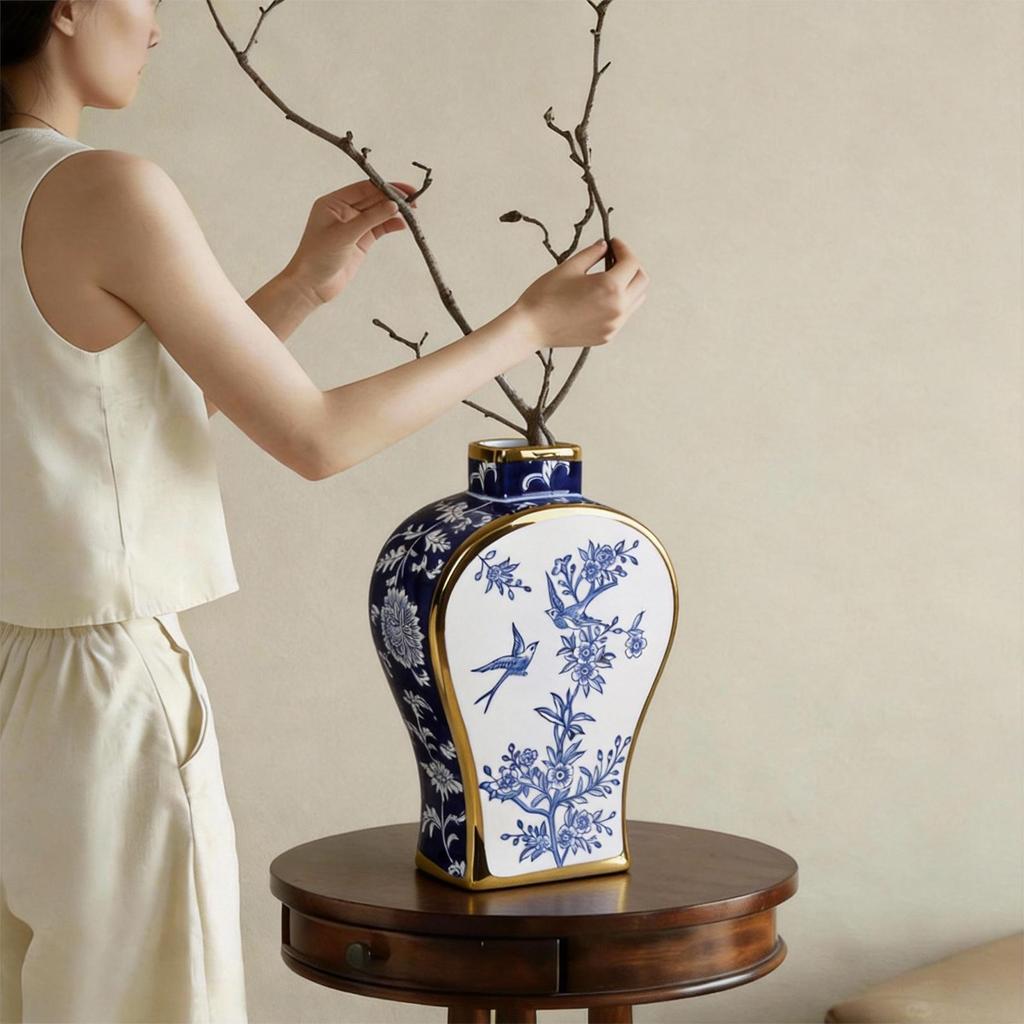 Gilded Blue and White Porcelain Flower Vase - Home Decor Ornament
