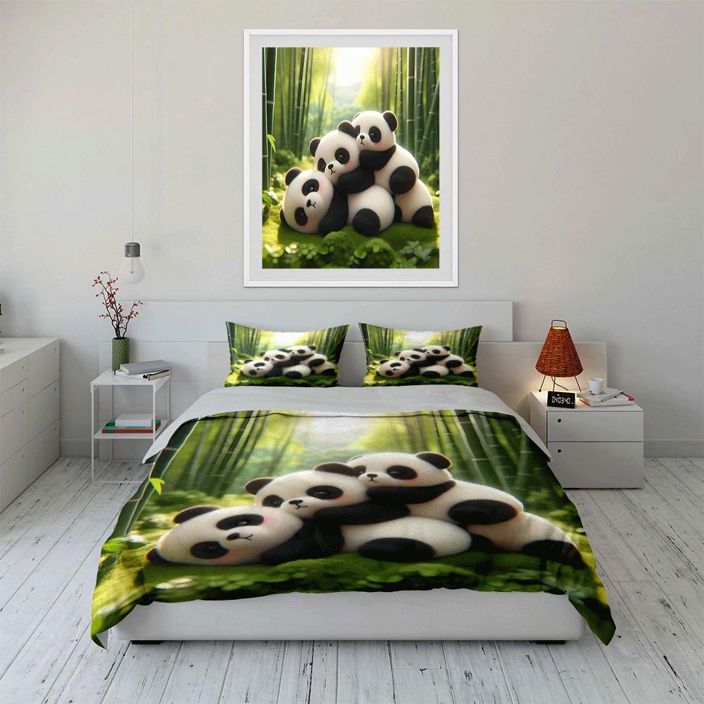 Adorabile Trio di Panda nella Foresta di Bambù Squisito Set Lenzuola Tre Pezzi Regalo per Bambini e Adulti