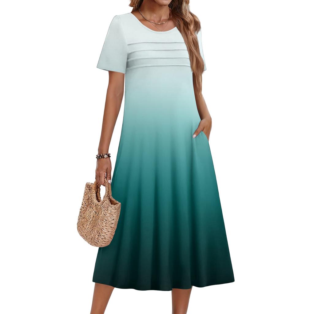 Ladies' Gradient Printed Casual And Fashionable Short Sleeved Round Neck Dress