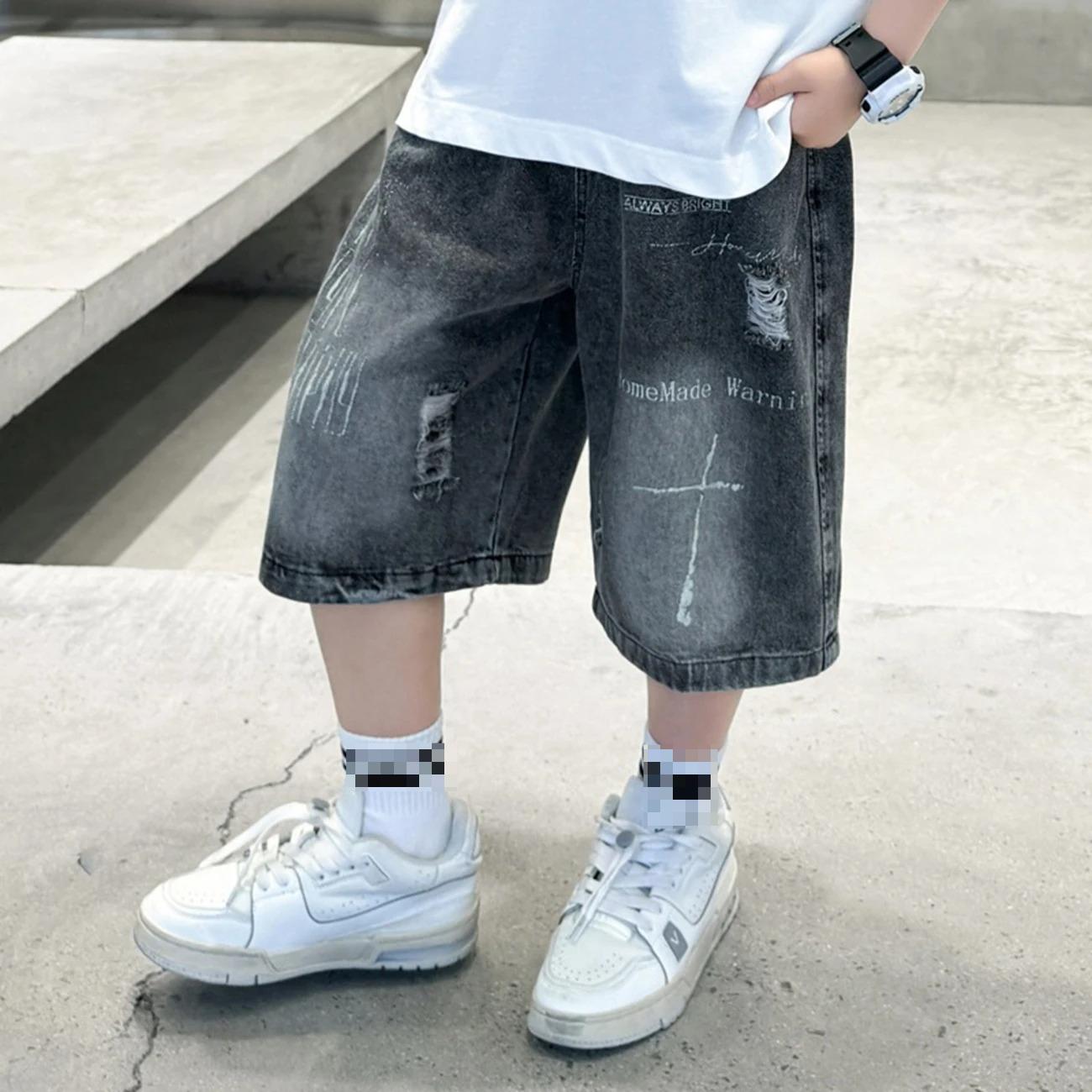 Streetwear Jungen Zerrissene Jeansshorts Schwarz Sommer Locker Lässig Knielang Alter 5-14 Jahre Kinder Mode 170
