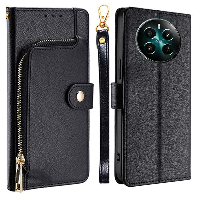 

Чехол-кошелек на молнии для Realme 12 4G/12+ 5G, Полная защита, Откидная кожаная обложка для телефона Black