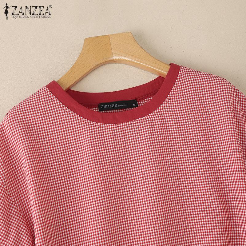 ZANZEA Women Casual Round Neck Grid Print Summer Short Sleeve Blouse