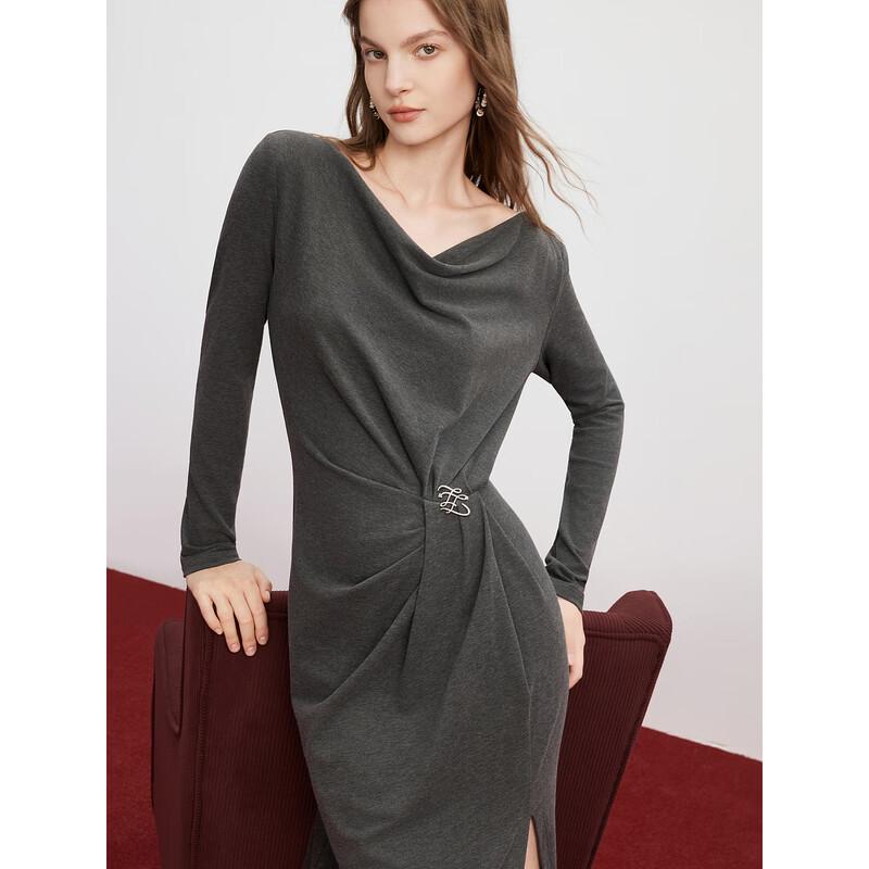 ELLE Elegante Abito Midi a Maniche Lunghe con Scollo Drappeggiato