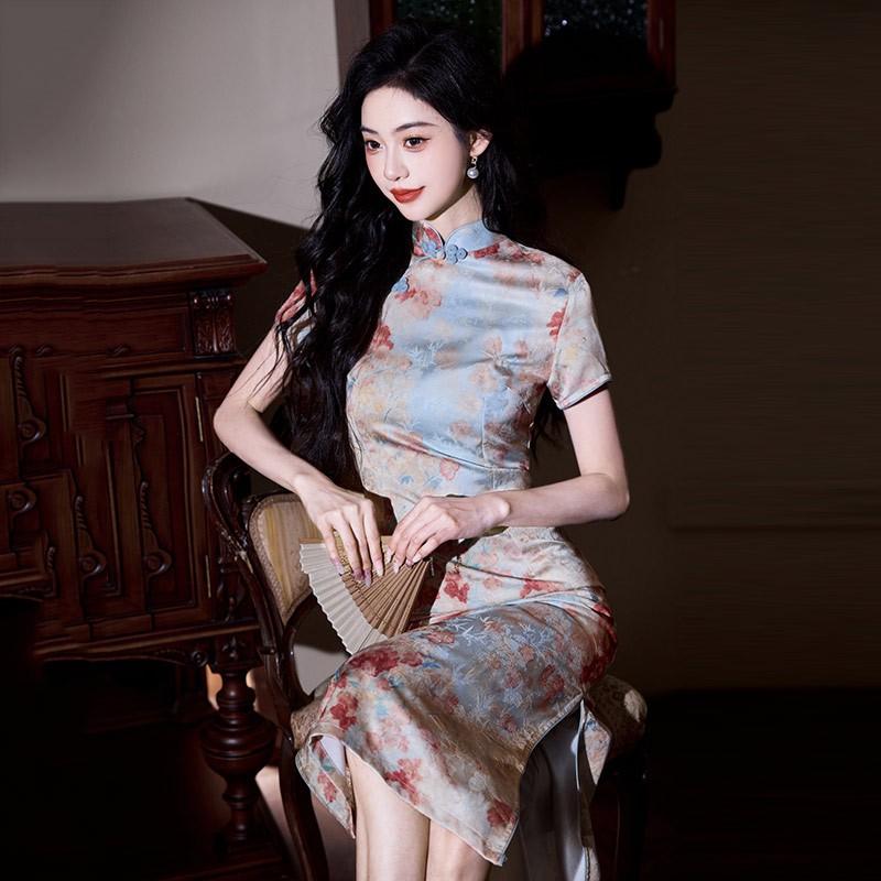 Vintage-Inspired Chinese Qipao Dress Women Short Sleeve Slim Fit Long Cheongsam In Acetate-Like Fabric 2025