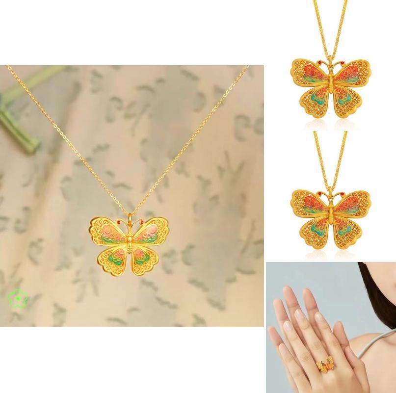 Fashionable Gold Plated Butterfly Pendant And Adjustable Ring Set For Women