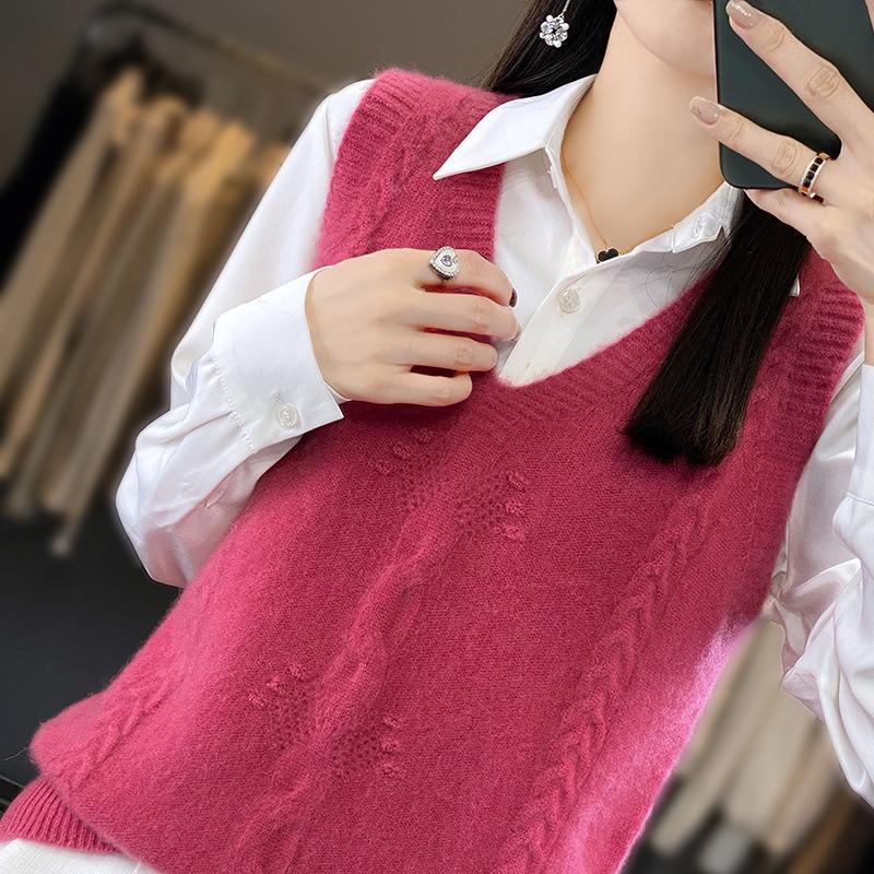 Solid V Neck Cable Knit Vest, Casual Sleeveless Sweater For Spring & Fall, Women's Clothing