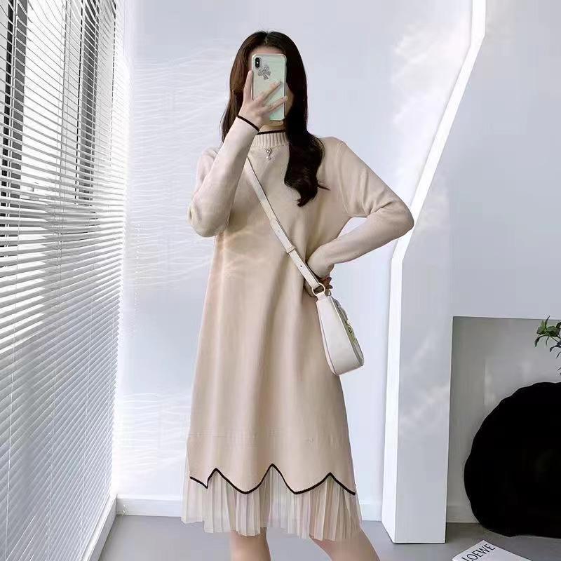 

Свитер Женское Длинное Платье Осенняя И Зимняя Одежда Модная Новая Поддельная Двухсекционная Свободная Круглая Шея Длинный Рукав Трикотажное Платье