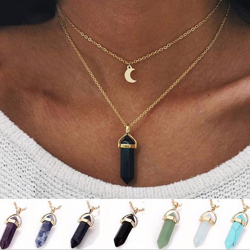 Natural Stone Hexagonal Moon Pendant Double-Layer Necklace - Stylish and Unique