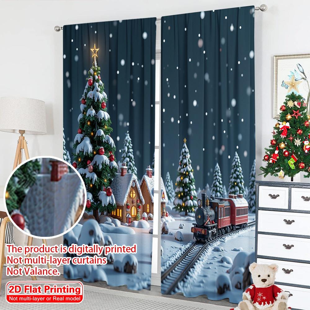 2pcs 2D Flat Printing Merry Christmas Popular Drapes Christmas Village Train Scene Fabric Without Electricity Holiday