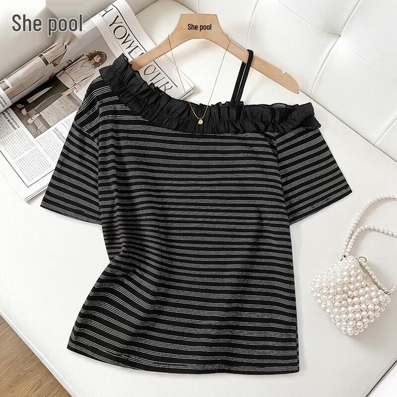 Women s Off-Shoulder Striped Lace T-Shirt M