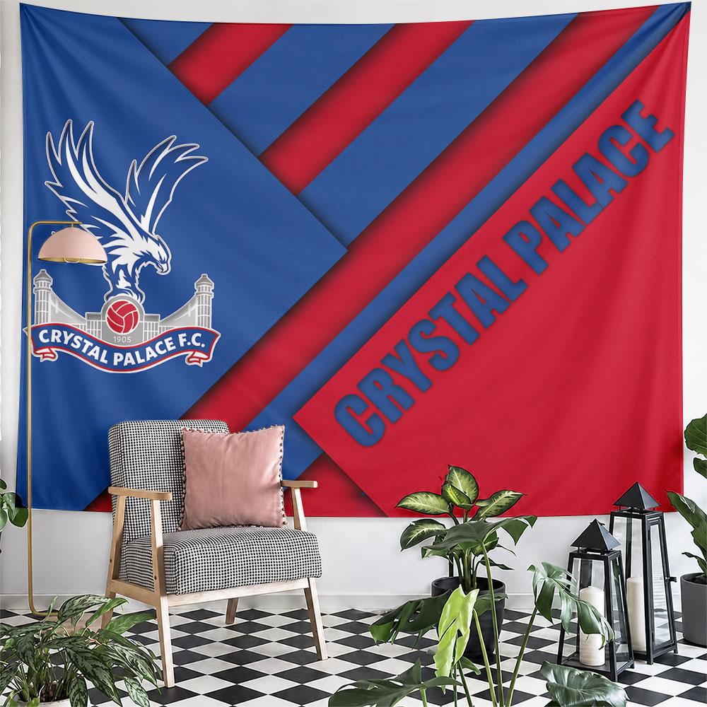 Diagonal blue and red stripes with a Crystal Palace F.C. logo overlay. Patterned tapestry for bedroom and living room home decor