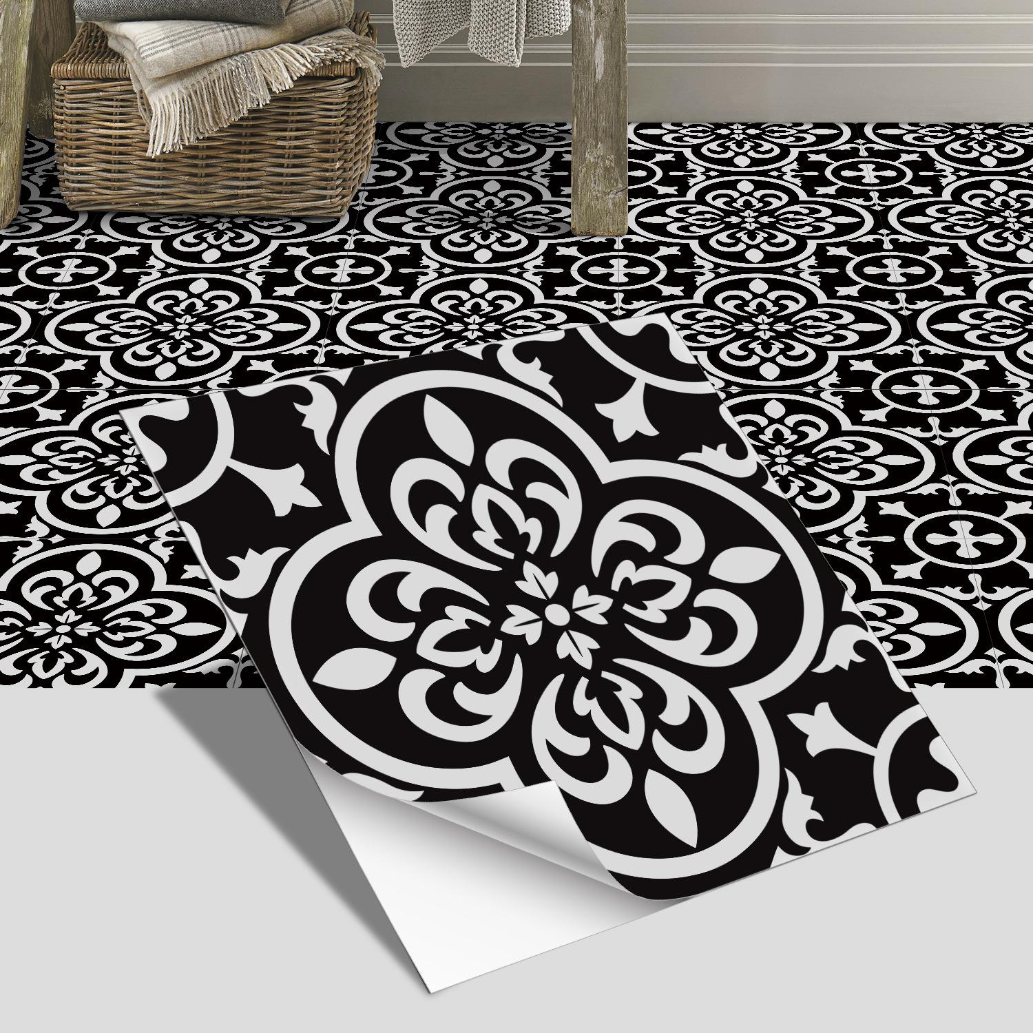 

European Tile Bathroom Bedroom Floor Decoration Thickened Matte Wall Sticker PVC Waterproof Self-Adhesive Black Floral Wallpaper 20x20cm x6pcs