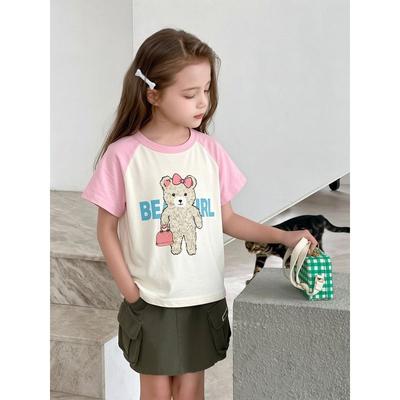 Korean Brand Export Children's Clothing Summer New Arrivals Girls' Cartoon Bear Print Pure Cotton Short-Sleeved T-Shirt Baby Clothes