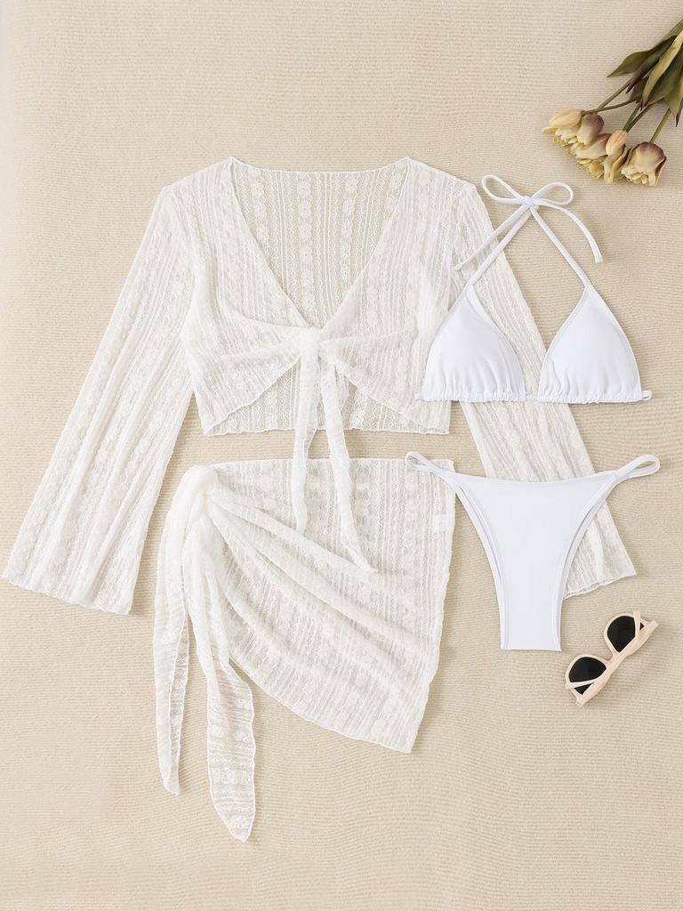 European Style Women's Long Sleeve Lace Cardigan Split Bikini Four-Piece Swimsuit 2026