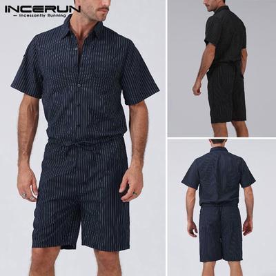 Mens Summer Jumpsuit Short Sleeve Cool Loose Romper Striped Shorts Trousers UK