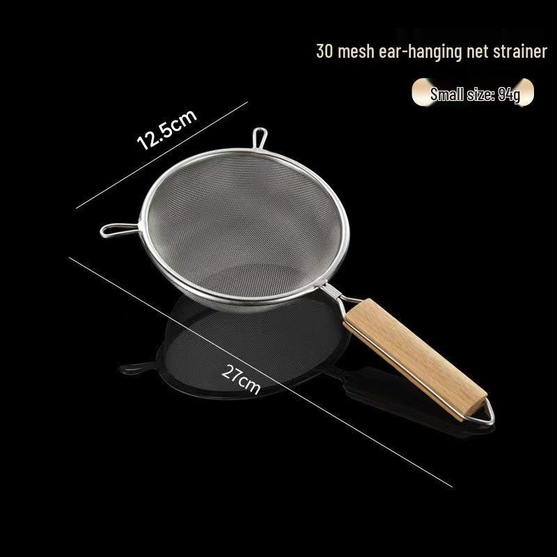 Stainless Steel Double-Ear Mesh Strainer Ladle with Wooden Handle