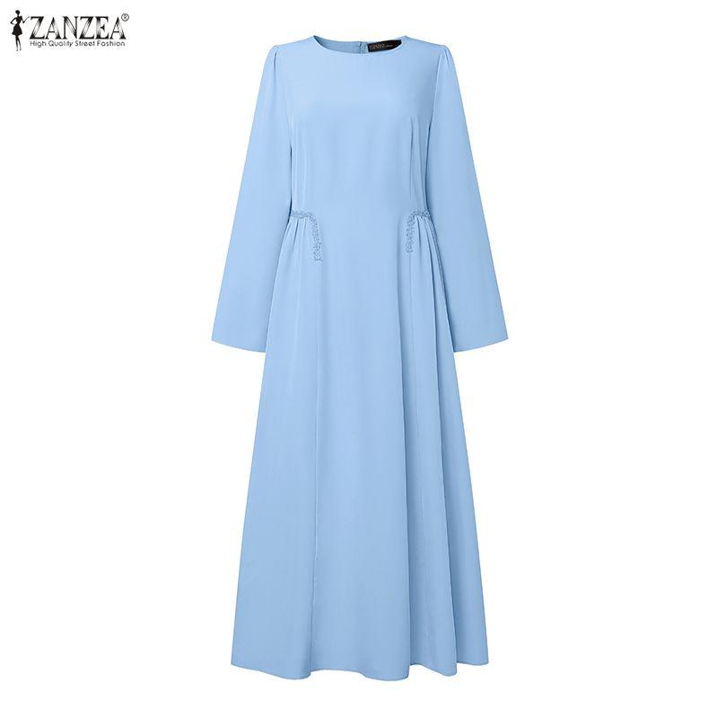 ZANZEA Women Muslim Casual Round Neck Long Sleeve Loose Long Dress