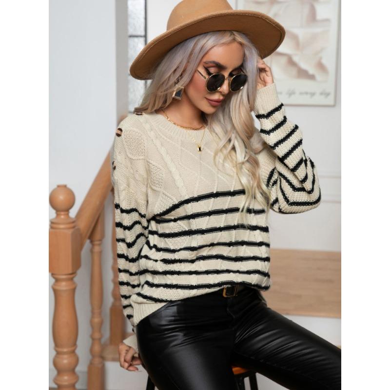 Autumn and Winter Women's Sweater Striped Button Twisted Twist Vintage Long Sleeve Knitwear Pullover Sweater
