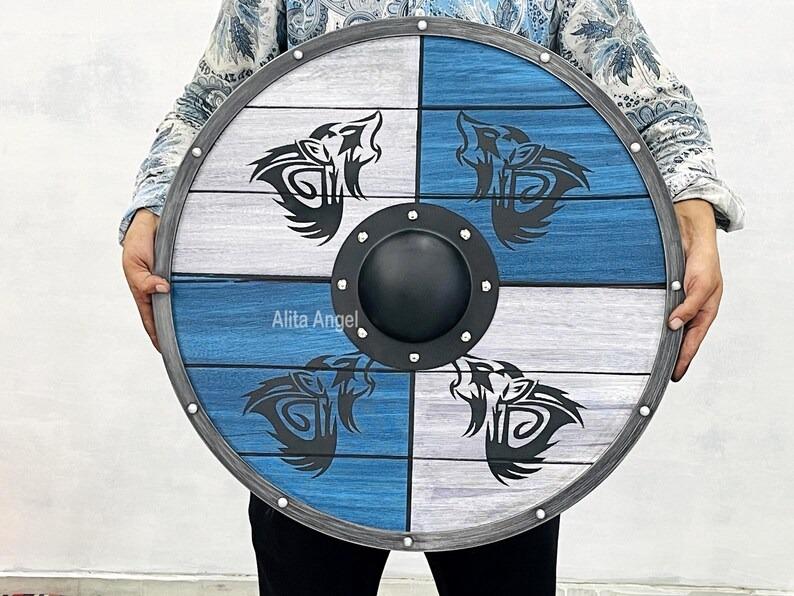 Wolf Design Viking Shield: Hand Carved Wooden Battleworn Shield